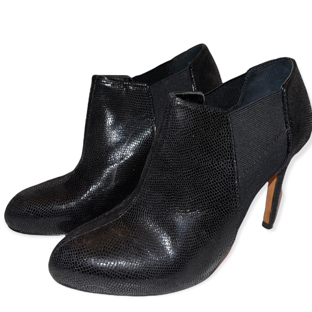WHBM Cannes Booties Black Lizard Embossed Snakeskin Ankle Boot Stiletto Shooties